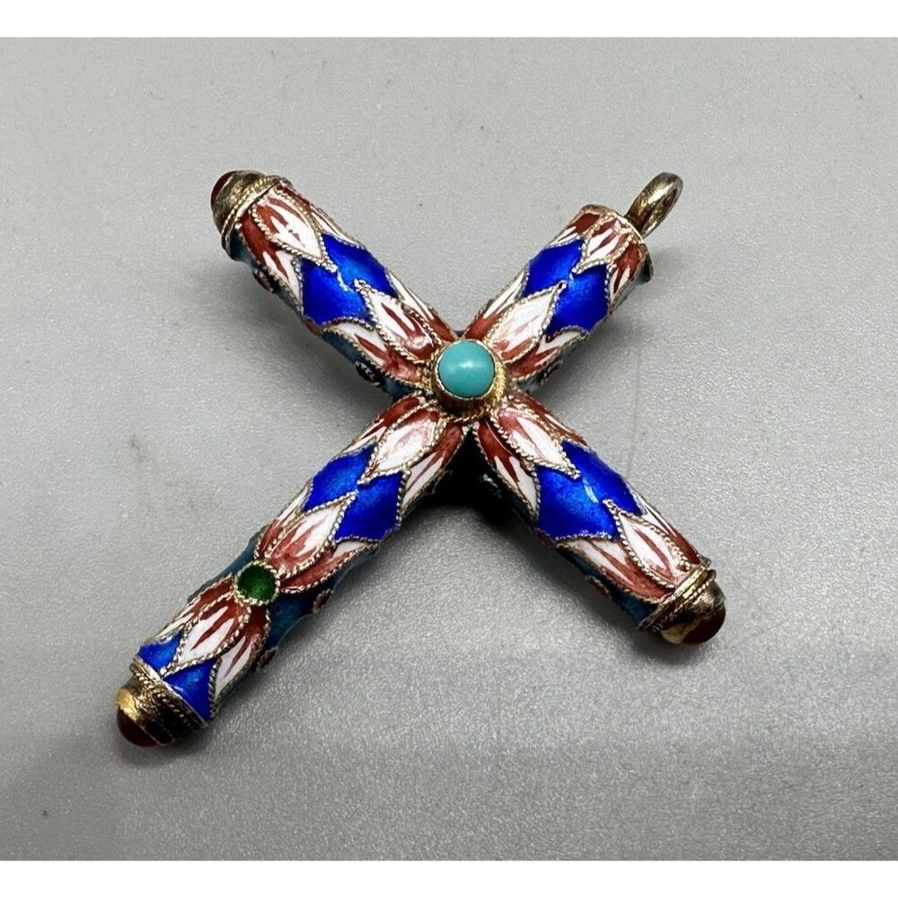 Blue Cloisonne 925 Cross Pendant W Turquoise & Carnelian Cabochons